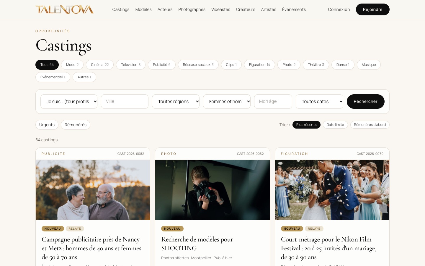 Page des annonces de castings